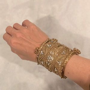 Gold tone India cuff bracelet crystals / dangling